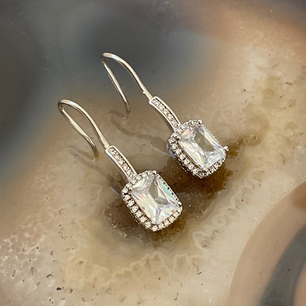 Sterling silver cubic zirconia square drop earrings cz halo, bridal, cz dangle